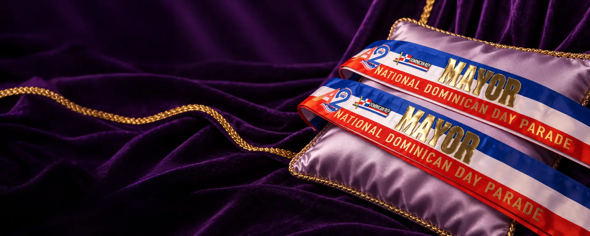 Custom ceremonial parade sashes with gold lettering on purple velvet